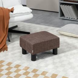 Rackhams Chic Linen/PU Footstool Ottoman Cube with 4 Plastic Legs - Brown - Polyester - 40cm x 30cm x 24cm