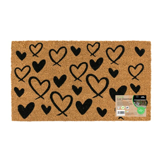 Rackhams Eco-Friendly Latex Backed Coir Entrance Doormat, 40x70cm - Hearts - 1 - Brown - image 1
