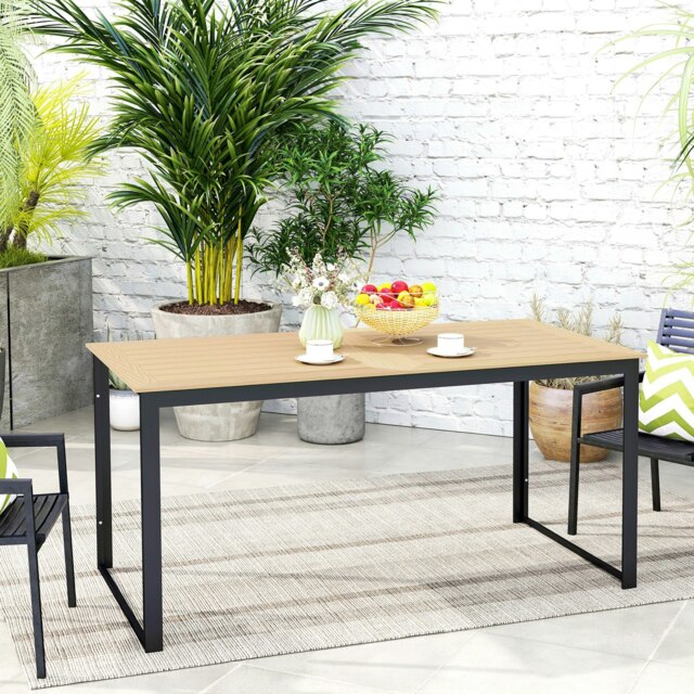 Rackhams Garden Table for 6 People with Slatted Table Top, Metal Frame, Teak - Teak - Wood plastic composite, Metal - 160L x 80W x 75H cm - image 1