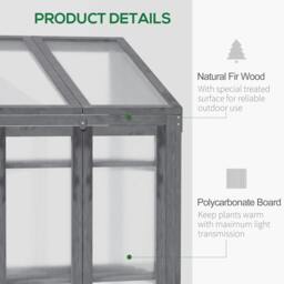 Rackhams Wooden Cold Frame Polycarbonate Greenhouse with Openable Top Cover and Double Door, Grow House for Flower, Vegetable and Plants, 70 x 50 x 120cm, Grey - thumbnail 4