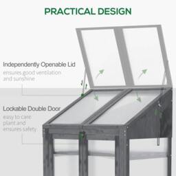 Rackhams Wooden Cold Frame Polycarbonate Greenhouse with Openable Top Cover and Double Door, Grow House for Flower, Vegetable and Plants, 70 x 50 x 120cm, Grey - thumbnail 6