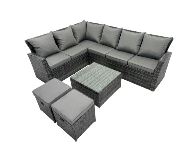 Rackhams 8 Seater High Back Rattan Garden Furniture Set Corner Sofa With Square Coffee Table Footstool - image 1