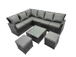 Rackhams 8 Seater High Back Rattan Garden Furniture Set Corner Sofa With Square Coffee Table Footstool - thumbnail 2