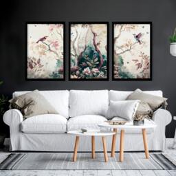 Rackhams 3 set of wall art - chinoiserie prints for living rooms - 16 x 22 inches / 40.65 cm x 56 cm - Polyester Canvas 260 gsm - Canvas wrapped