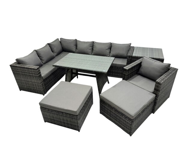 Rackhams 9 seater Outdoor PE Rattan Sofa Set with Dining Table Patio Garden Furniture Sets with Chair Side Table 2 Big Stools Dark Grey Mixed - image 1