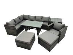 Rackhams 9 seater Outdoor PE Rattan Sofa Set with Dining Table Patio Garden Furniture Sets with Chair Side Table 2 Big Stools Dark Grey Mixed - thumbnail 1