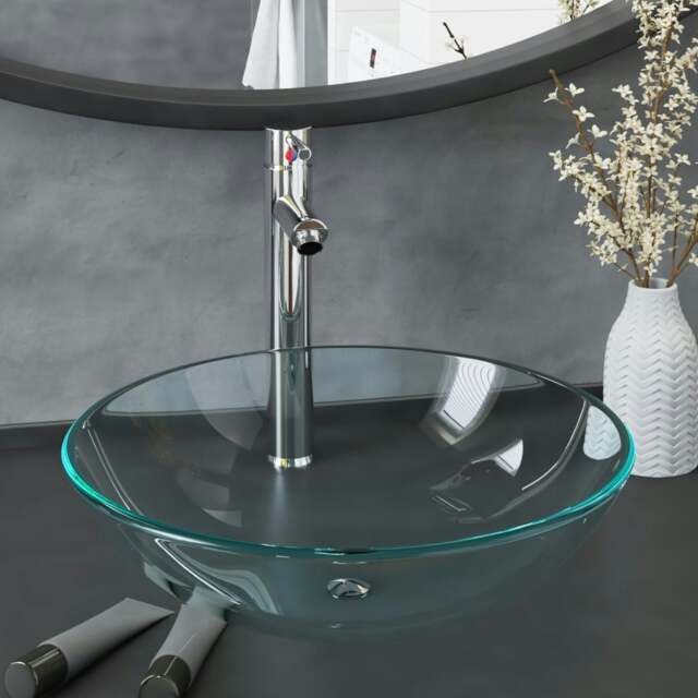 Rackhams Bathroom Sink with Tap and Push Drain Clear Tempered Glass