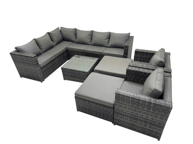 Rackhams Rattan Garden Furniture Patio Furniture Sets with Corner Sofa Coffee Table 2 Big Stool Dark Grey Mixed - image 1