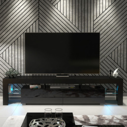 Rackhams Sleek 200cm TV Unit Modern Cabinet TV Stand Black High Gloss Doors with Free LED - 200 cm - 1 - Black Matt Body & Black Gloss Doors - thumbnail 3