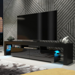 Rackhams Sleek 200cm TV Unit Modern Cabinet TV Stand Black High Gloss Doors with Free LED - 200 cm - 1 - Black Matt Body & Black Gloss Doors - thumbnail 2