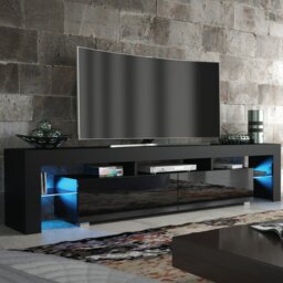 Rackhams Sleek 200cm TV Unit Modern Cabinet TV Stand Black High Gloss Doors with Free LED - 200 cm - 1 - Black Matt Body & Black Gloss Doors