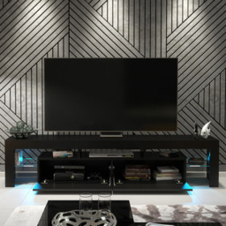 Rackhams Sleek 200cm TV Unit Modern Cabinet TV Stand Black High Gloss Doors with Free LED - 200 cm - 1 - Black Matt Body & Black Gloss Doors - thumbnail 4