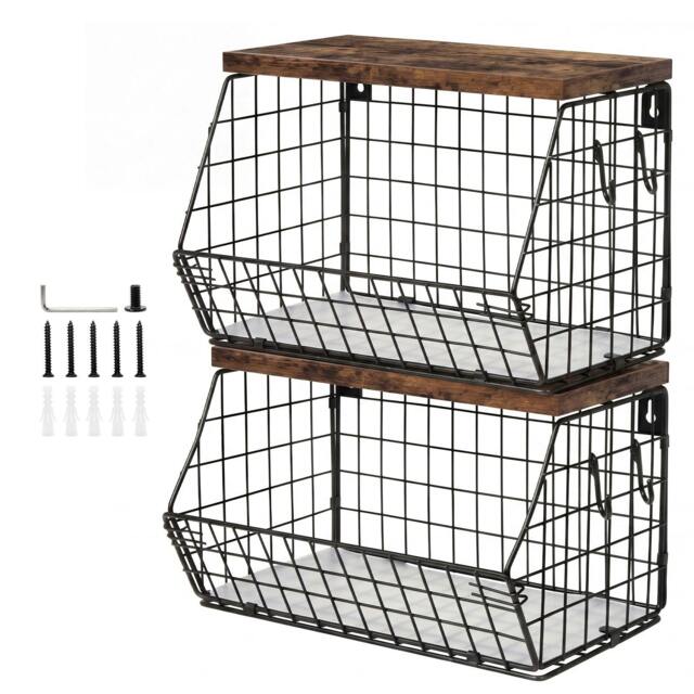 Rackhams Fruit Snack Storage Basket 2PCS Stackable Wall Mounted Kitchen Wood Lid - image 1
