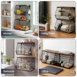 Rackhams Fruit Snack Storage Basket 2PCS Stackable Wall Mounted Kitchen Wood Lid - thumbnail 4