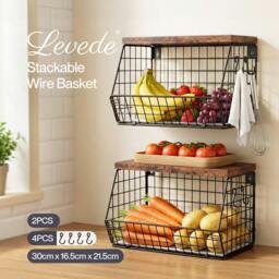 Rackhams Fruit Snack Storage Basket 2PCS Stackable Wall Mounted Kitchen Wood Lid - thumbnail 2