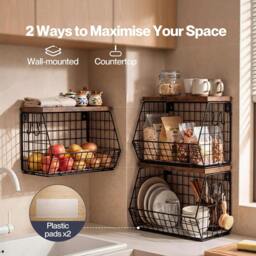 Rackhams Fruit Snack Storage Basket 2PCS Stackable Wall Mounted Kitchen Wood Lid - thumbnail 5