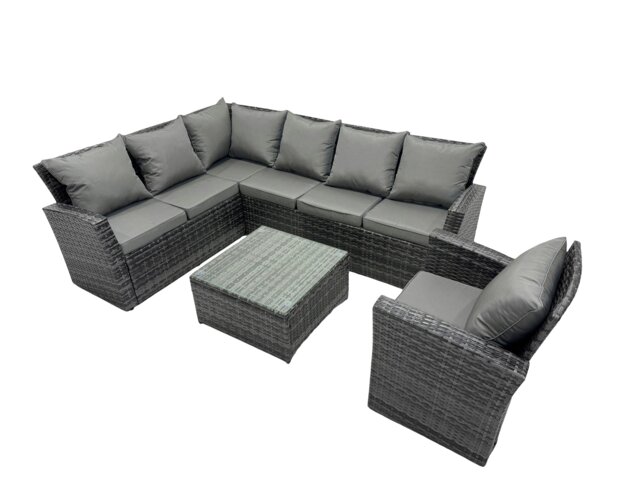 Rackhams 7 seater high back dark grey mixed rattan corner sofa set chair square coffee table outdoor furniture left option - image 1
