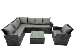 Rackhams 7 seater high back dark grey mixed rattan corner sofa set chair square coffee table outdoor furniture left option - thumbnail 2