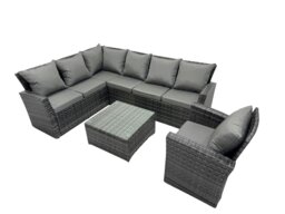 Rackhams 7 seater high back dark grey mixed rattan corner sofa set chair square coffee table outdoor furniture left option - thumbnail 1