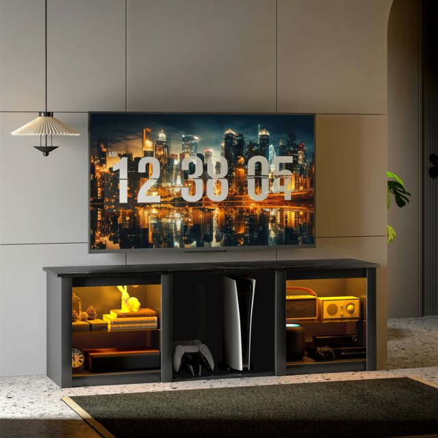 "Rackhams 160cm TV Unit w/ LED Lights for 65"" TV Modern TV Stand Cabinet Black - Black" - image 1