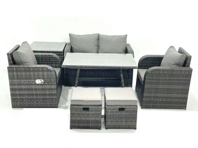 Rackhams Outdoor Garden Furniture Set Rattan Sofa Dining Table Set with Reclining Chair Side Table 2 Small Footstool Dark Grey Mixed - image 1