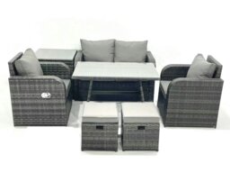 Rackhams Outdoor Garden Furniture Set Rattan Sofa Dining Table Set with Reclining Chair Side Table 2 Small Footstool Dark Grey Mixed - thumbnail 1
