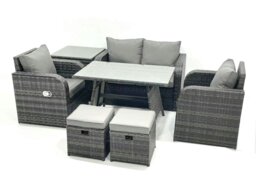 Rackhams Outdoor Garden Furniture Set Rattan Sofa Dining Table Set with Reclining Chair Side Table 2 Small Footstool Dark Grey Mixed - thumbnail 2