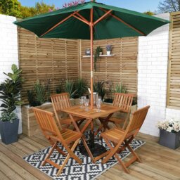 Rackhams Outdoor 4 Person Folding Square Wooden Garden Patio Dining Table Chairs Parasol and Base Set - Outdoor Furniture Sets - thumbnail 1