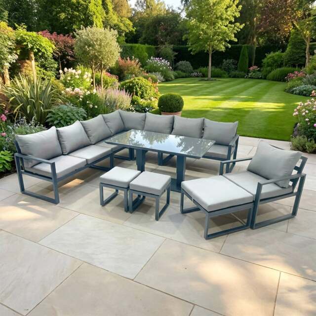 Rackhams 11 Seater Outdoor Aluminium Garden Furniture Set with Corner Sofa, Chair, 3 Footstools & Adjustable Rising Dining Table - Dark Grey