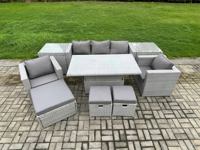 Rackhams Rattan Outdoor Garden Funiture Set Height Adjustable Rising Lifting Table Sofa Dining Set with 2 Armchairs 2 Side Tables Footstools - image 1