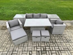 Rackhams Rattan Outdoor Garden Funiture Set Height Adjustable Rising Lifting Table Sofa Dining Set with 2 Armchairs 2 Side Tables Footstools - thumbnail 2