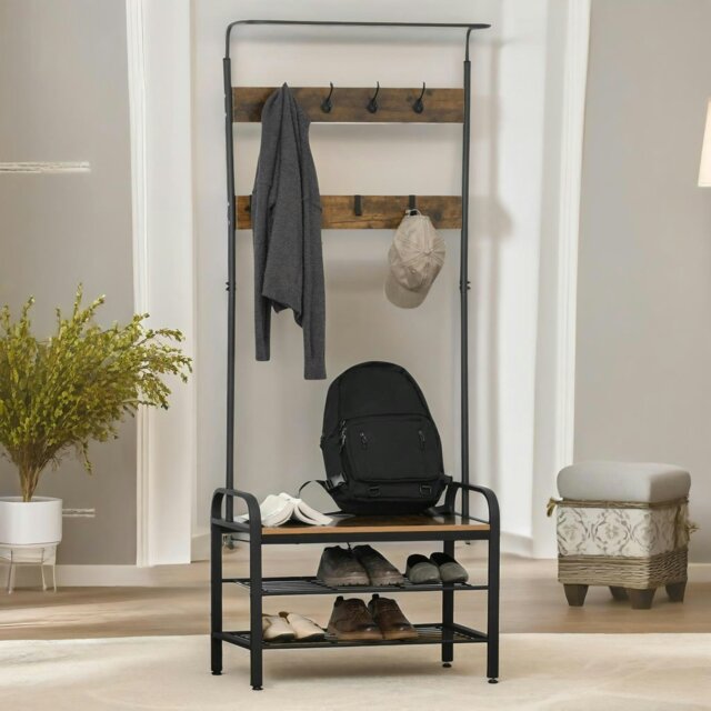Rackhams Industrial Coat Rack Stand With 2 Shelves & 8 Hooks - image 1