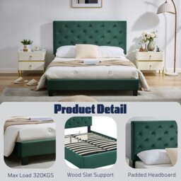 Rackhams Ottoman Storage Bed Frame, Bed Frame with Underbed Storage, Adjustable Headboard, Solid Wood Slats, Max Load 320KS - King - Green - Button - thumbnail 3