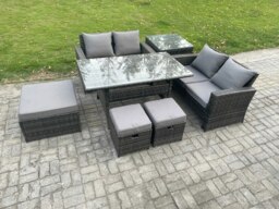 Rackhams 7 Seater High Back Outdoor Garden Furniture Rattan Sofa Dining Table Set with 3 Footstools Side Table Dark Grey Mixed - thumbnail 2