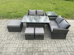 Rackhams 7 Seater High Back Outdoor Garden Furniture Rattan Sofa Dining Table Set with 3 Footstools Side Table Dark Grey Mixed - thumbnail 1