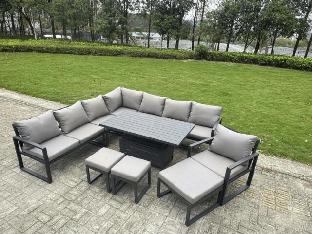 Rackhams 11 Seater Aluminium Outdoor Garden Furniture Set with Adjustable Rising Dining Table. Corner Sofa, 3 Footstools & Chair - Grey