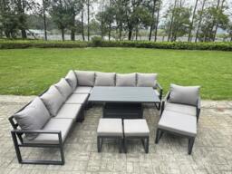 Rackhams 11 Seater Aluminium Outdoor Garden Furniture Set with Adjustable Rising Dining Table. Corner Sofa, 3 Footstools & Chair - Grey - thumbnail 2