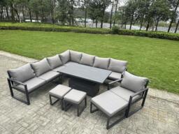 Rackhams 11 Seater Aluminium Outdoor Garden Furniture Set with Adjustable Rising Dining Table. Corner Sofa, 3 Footstools & Chair - Grey - thumbnail 1