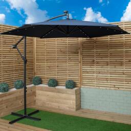 Rackhams 3m Solar Powered Cantilever Lit Banana Garden Parasol with Crank Handle & White LED Lights in Blue - thumbnail 1