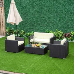 Rackhams 4-Seater Rattan Sofa Set Garden Rattan Furniture Wicker Steel Chair Seat Furniture Patio Rattan Garden Sofa Black - thumbnail 2