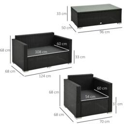 Rackhams 4-Seater Rattan Sofa Set Garden Rattan Furniture Wicker Steel Chair Seat Furniture Patio Rattan Garden Sofa Black - thumbnail 3