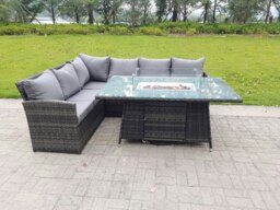 Rackhams High Back Corner Rattan Garden Furniture Sofa Gas Fire Pit Dining Table Gas Heater Sets 6 Seater