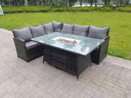 Rackhams High Back Corner Rattan Garden Furniture Sofa Gas Fire Pit Dining Table Gas Heater Sets 6 Seater - thumbnail 2