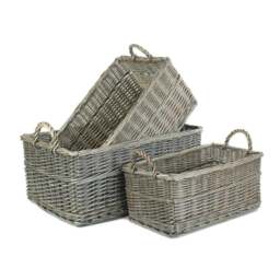 Rackhams Shallow Antique Wash Wicker Storage Basket - Set of 3 - thumbnail 2