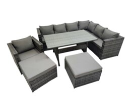 Rackhams Rattan Garden Furniture Set Outdoor 9 Seater Patio Dining Corner Sofa Sets with Dining Table Chair 2 Big Stools Dark Grey Mixed - thumbnail 1