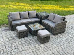 Rackhams PE Rattan Garden Furniture Sets 7 Seater Outdoor Lounge Sofa Set Square Coffee Table 2 Small Footstools Side Table - thumbnail 2