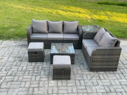 Rackhams PE Rattan Garden Furniture Sets 7 Seater Outdoor Lounge Sofa Set Square Coffee Table 2 Small Footstools Side Table - thumbnail 1