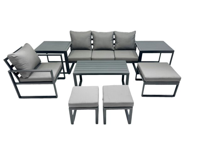 Rackhams 7 Seat Outdoor Garden Furniture Set Aluminium Lounge 3 Seat Sofa Oblong Coffee Table Sets with Chair 3 Stools 2 Side Tables Dark Grey - image 1