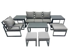 Rackhams 7 Seat Outdoor Garden Furniture Set Aluminium Lounge 3 Seat Sofa Oblong Coffee Table Sets with Chair 3 Stools 2 Side Tables Dark Grey - thumbnail 1