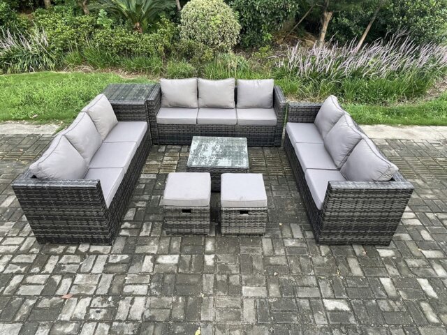 Rackhams 11 Seater Outdoor Rattan Garden Furniture Set Patio Lounge Sofa Set with Side Table Square Coffee Table 2 Small Footstool Dark Grey Mixed - image 1